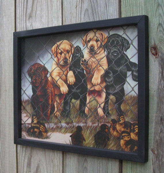 Wood Framed Tin Sign Five Cute Labrador Puppies Dogs Ducks