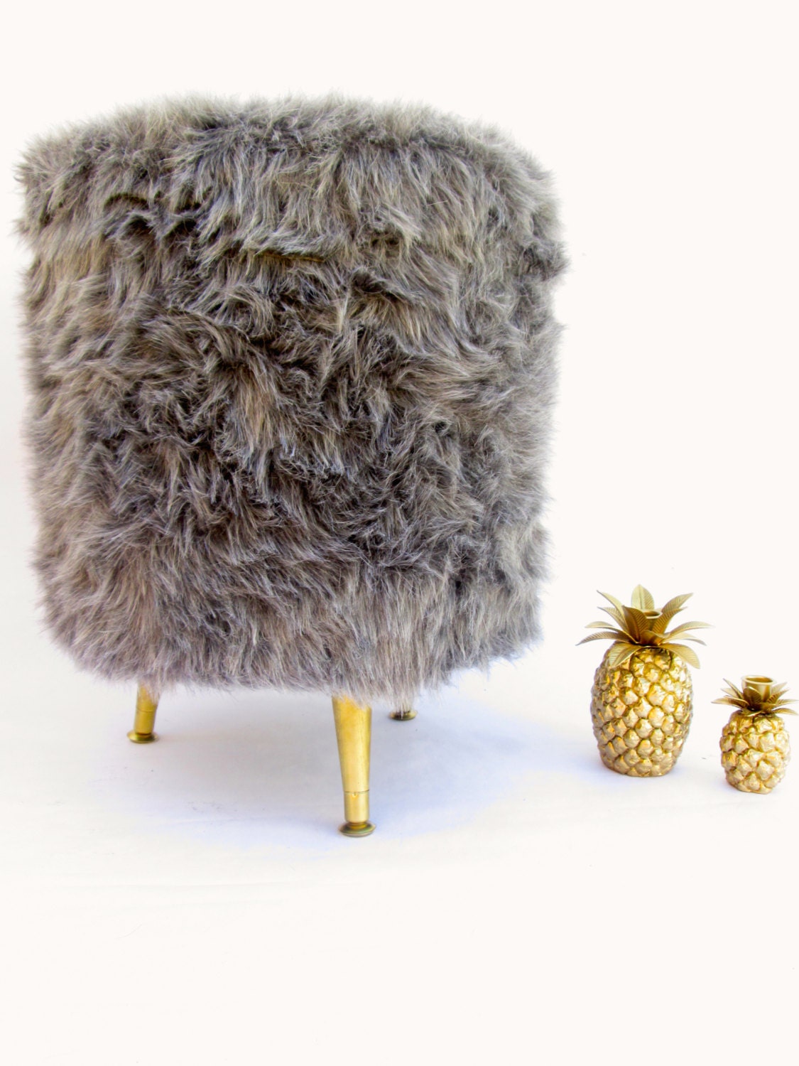 Large Grey Faux Fur Pouf Ottoman / Footstool || Gold Tapered Legs