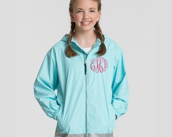 Monogrammed Youth Teen Child Rain Jacket Waterproof Windproof Monogrammed rain jacket - Preppy - AQUA