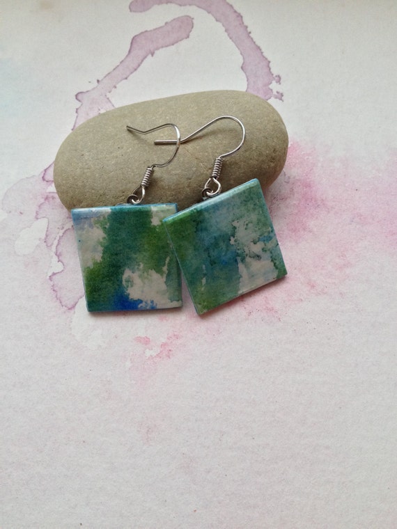 Green Blue Watercolor Earrings Hand Painted Watercolor