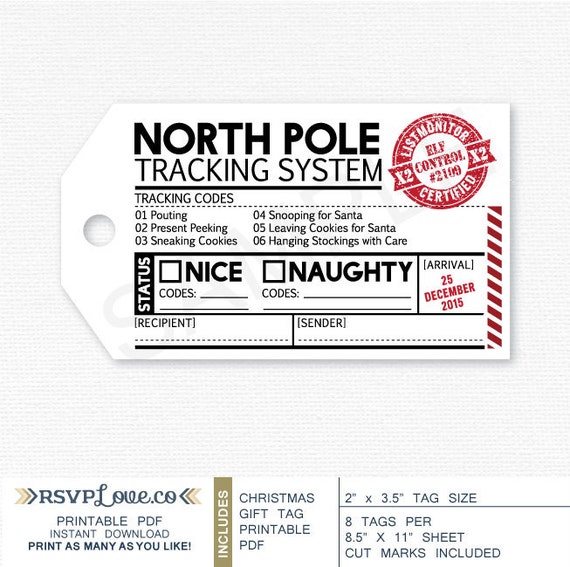 Printable Gift Tag North Pole Tracking System 2 x 3.5 by rsvplove