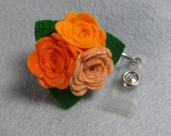 Orange Flower ID Badge Reel - Made-to-Order-Name Badge Holder -Upcycled-Recycled - Repurposed - ID Badge Holder - Retractable Badge Reel