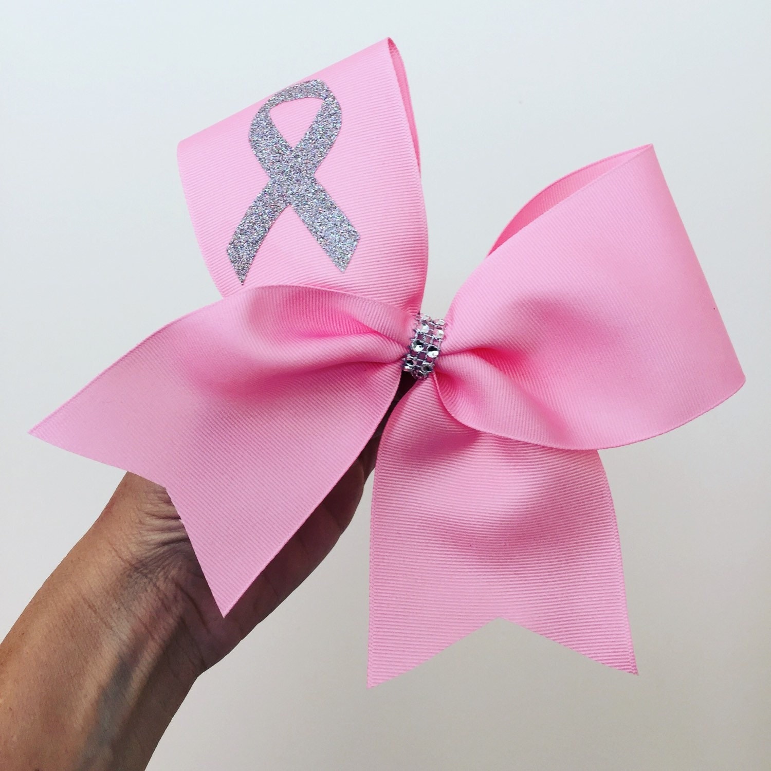 Pink Breast Cancer Awareness Cheer Bow Silver Glitter Ribbon