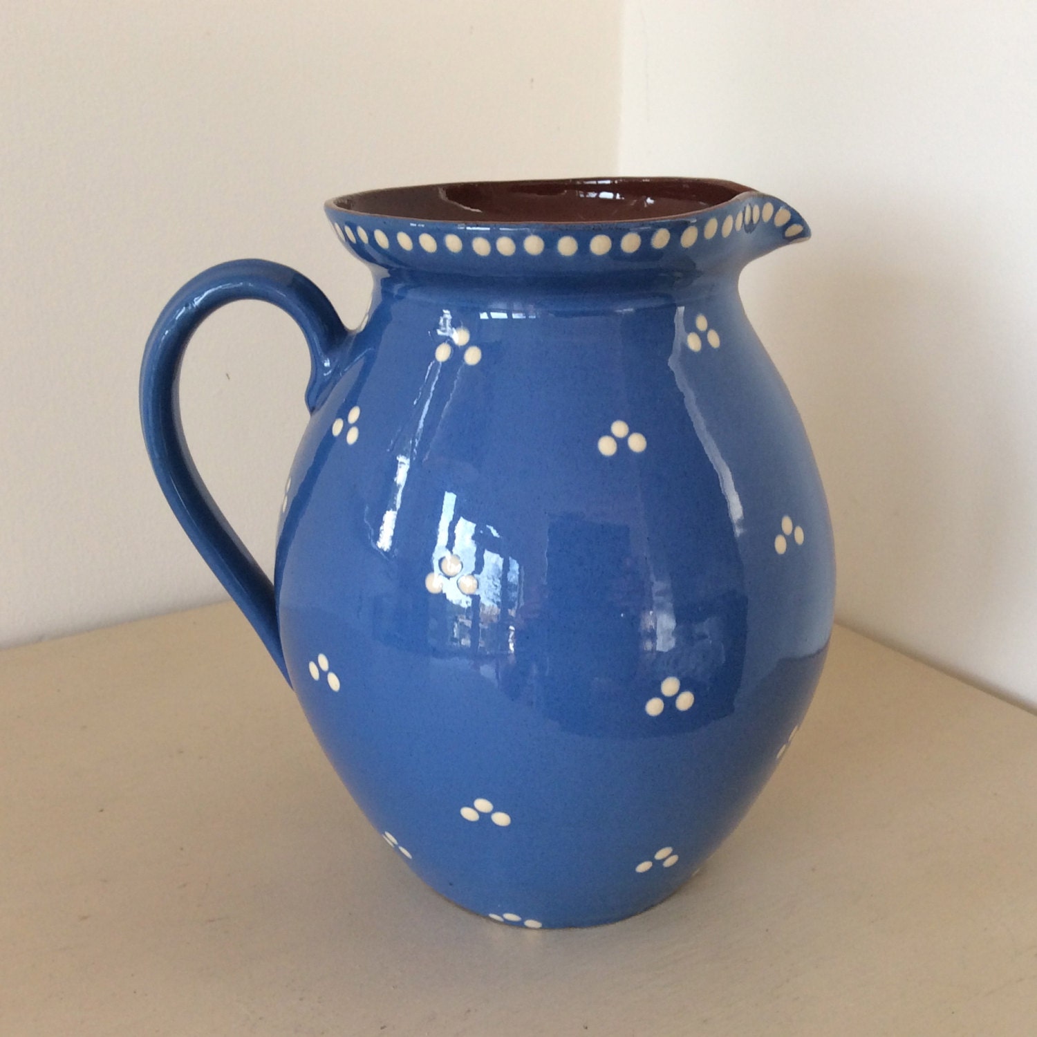 1950s Large Vintage DEVON TORQUAY Blue Spotty Pottery JUG