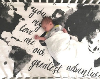 Map Crib Sheet, Mod, Modern // Aspen Lane EXCLUSIVE // Made to Order, Black & White, Gray, Grey Greatest Adventure, baby sheet