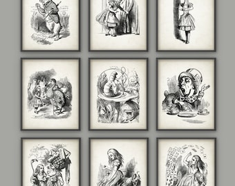 Alice in Wonderland Wall Art Poster Set of 9 - Nursery Home Decor - Childrens Book Illustration Print - Girls Room Wall Art Set of 9 (#2)
