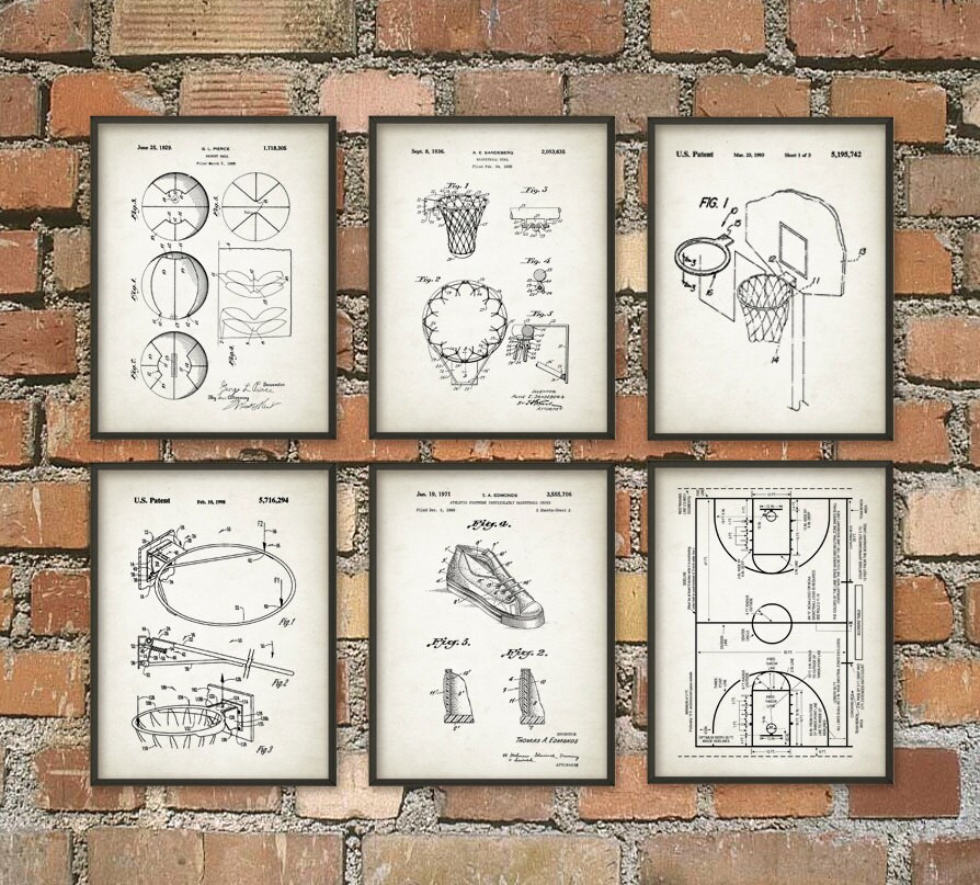 Basketball Patent Wall Art Poster Set of 6 Basketball Gift