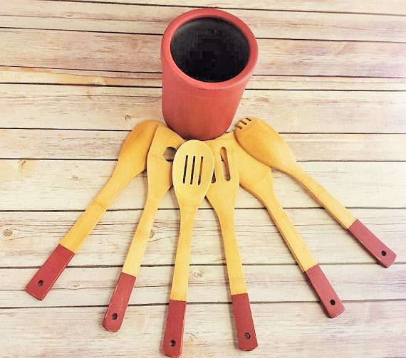 Kitchen Utensil Set and Holder Barn Red Up Cycled Eco Friendly