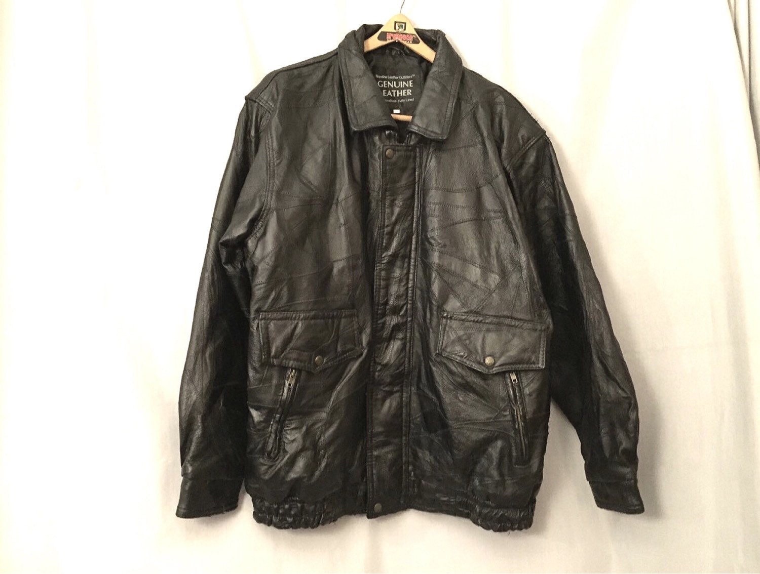 Black Leather Jacket Vintage Patchwork Coat Men's Size XXL