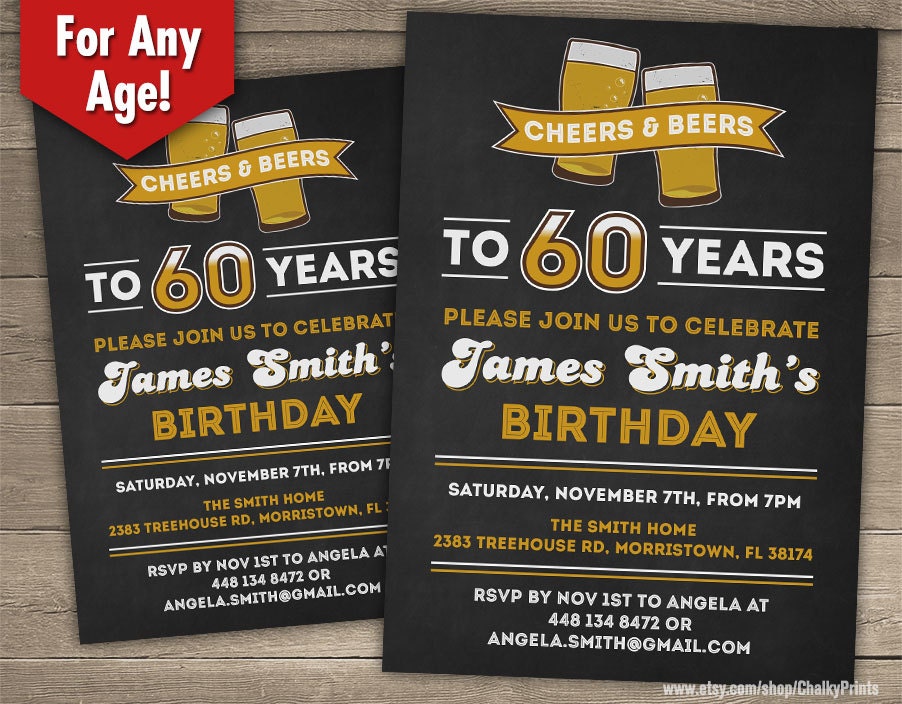 60th Birthday Invitation Male Cheers to 60 years Cheers and