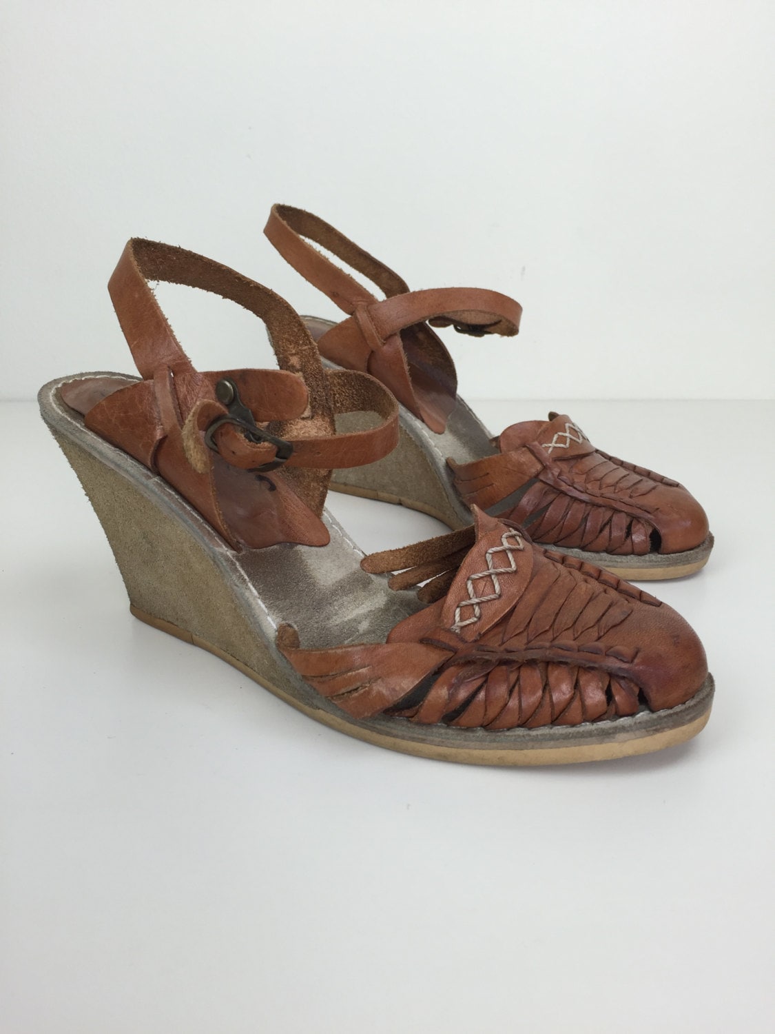 woven brown leather wedge huarache sandals sz 7 70s