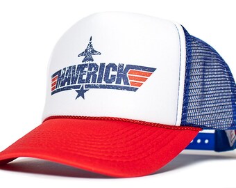 Maverick Distressed Logo Cap Top Gun Hat Curved Bill Red/White/Royal