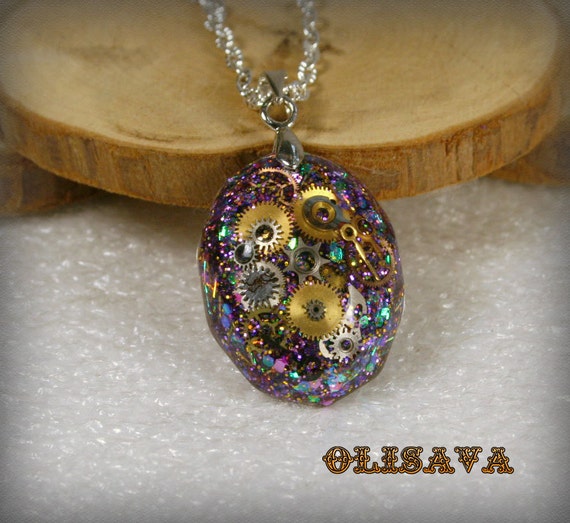 Watch Parts in a Steampunk Faceted Resin Pendant , Steampunk Jewelry , Resin Jewelry , Watch Parts Pendant by Olisava steampunk buy now online