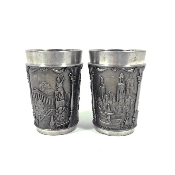 Pair of Vintage Pewter Shot Glasses with Medieval Castle