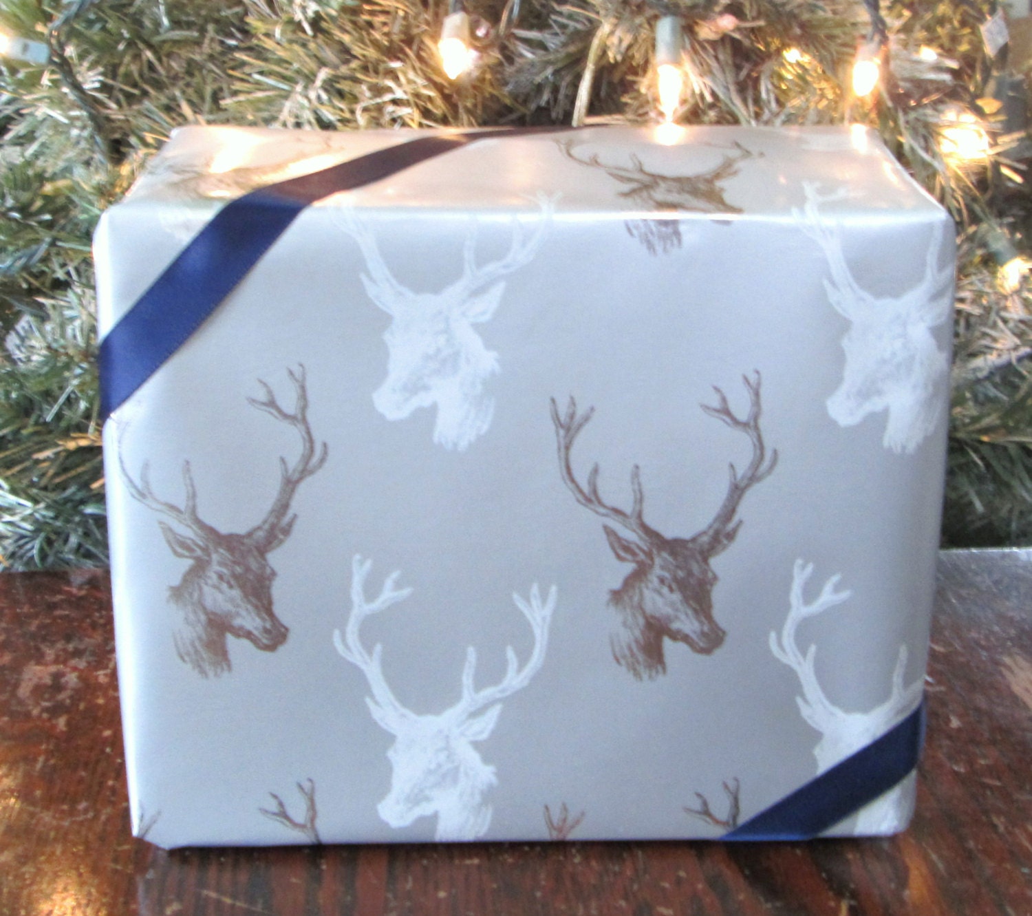 White and Metallic Silver Deer Stag / Buck Christmas Wrapping
