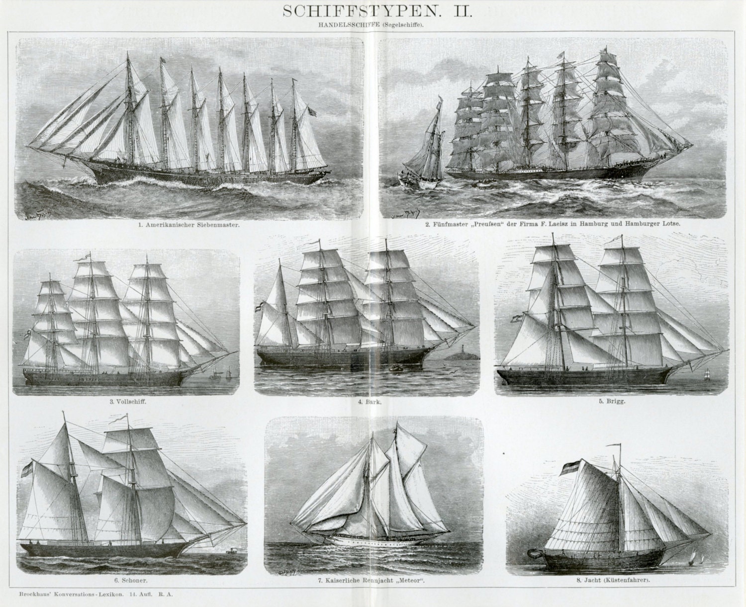 Old Sailing Ships Print C. 1900 Antique Lithograph Trading