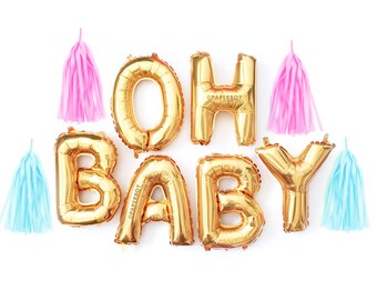 Oh Baby Balloon Garland with Tassels Kit - Boy or Girl Baby Shower - Gold Letter Balloons Banner Decoration - Gender Reveal Ideas