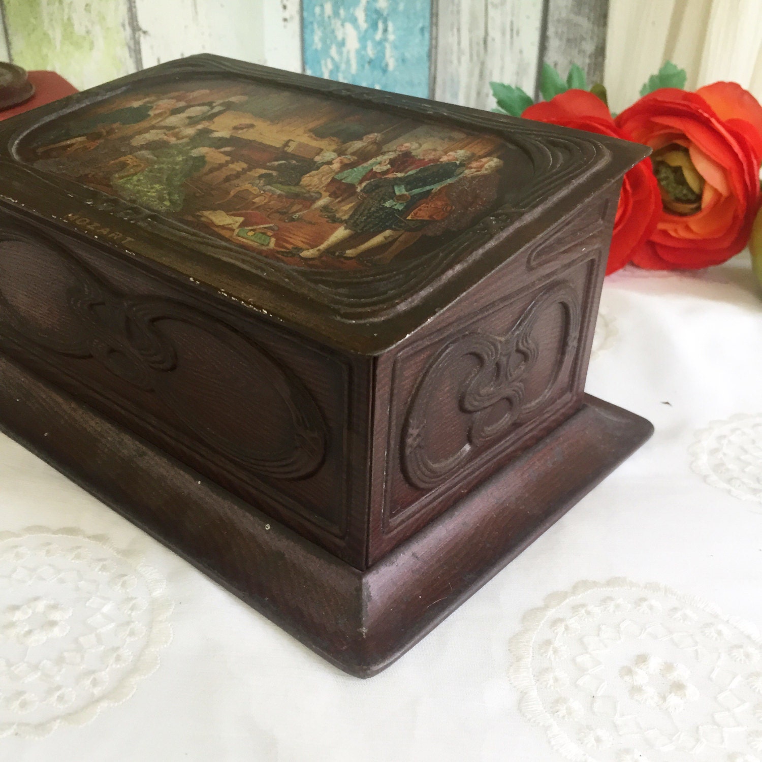 Antique 1910 Mozart Music Tin Litho Box Art Nouveau Piano