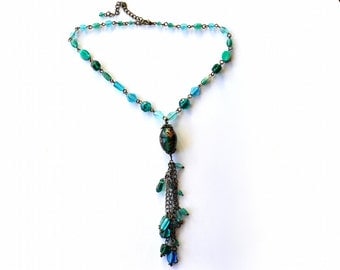Blue Vintage Glass Beaded Necklace - Boho Chic Fringe Necklace - Lampwork Beaded Chain Necklace