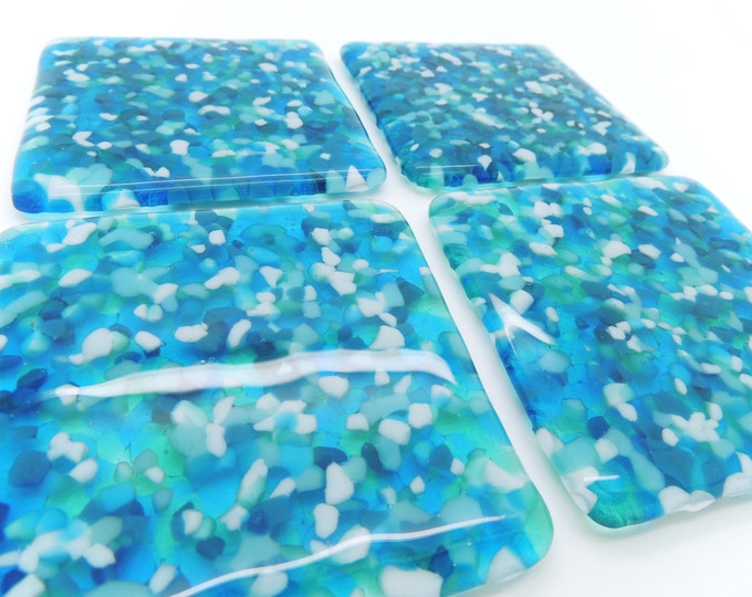 Blue fused glass tile coaster set. Home decor. Conservatory, patio, dining, coffee table. Wedding anniversary, birthday, housewarming gift