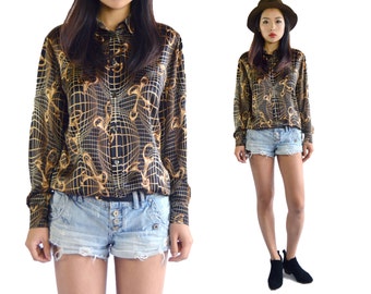 Escada Silk Blouse Vintage 80s Horsebit Print Designer Baroque Black&Gold