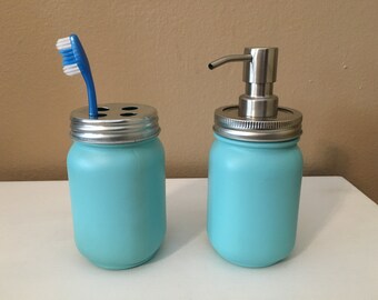 Mason jar bathroom set, Mason jar toothbrush holder, mason jar soap dispenser, bathroom decor, mason jar decor, bathroom organizer