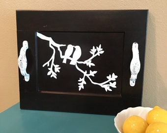 Breakfast tray, Serving tray, love birds, cabinet door serving tray, decorative tray, table tray, repurposed cabinet door, cocktail tray