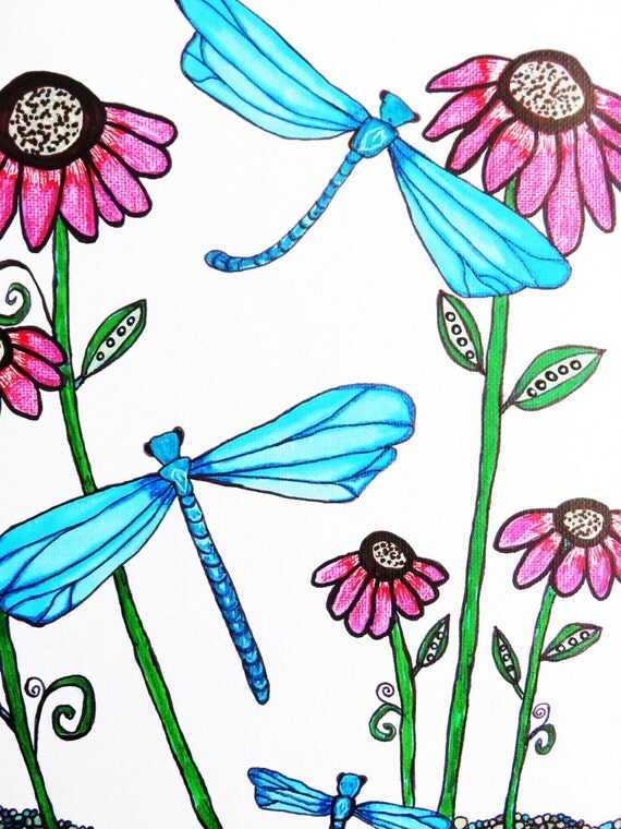 Blue Dragonflies with Flowers Painting by MitchiesGalleria on Etsy