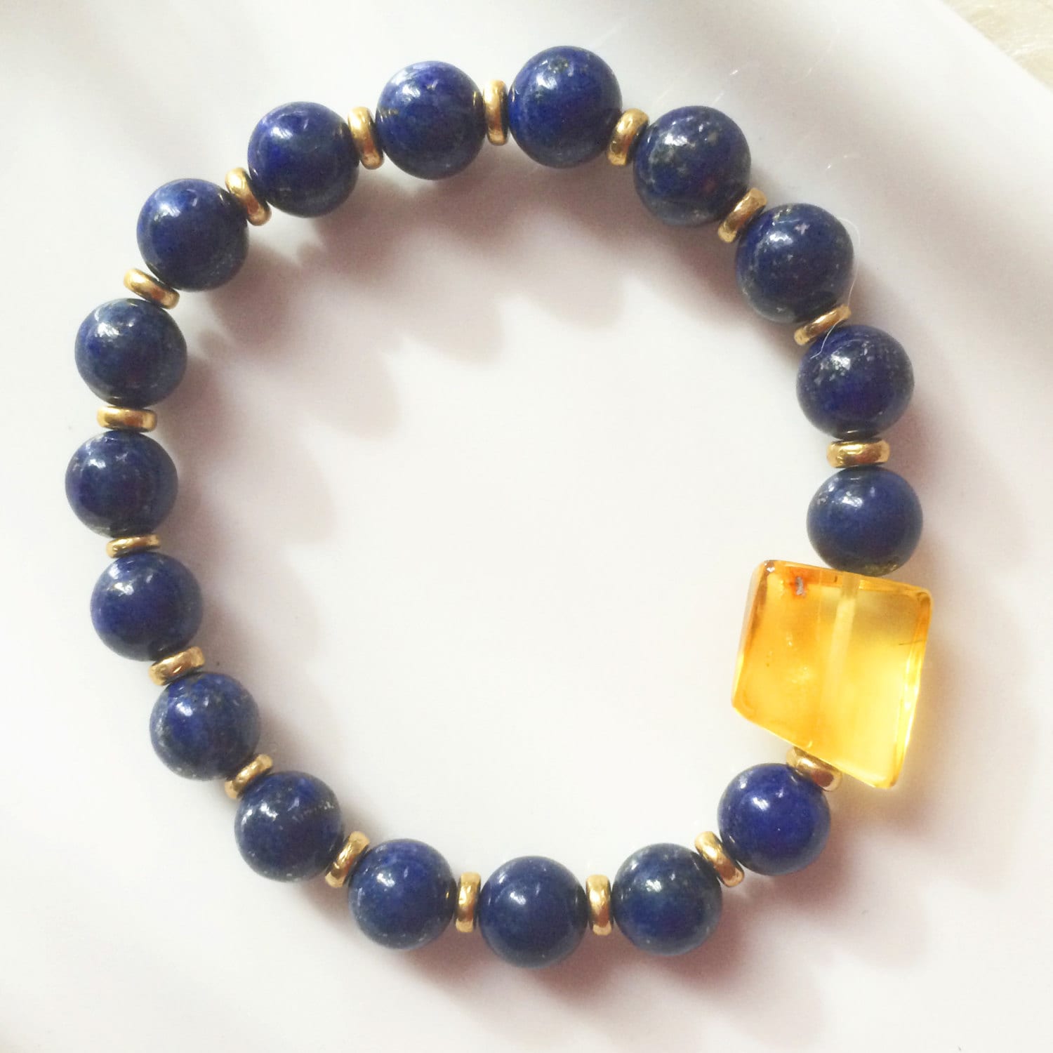 Amber lapis lazuli & brass bead bracelet