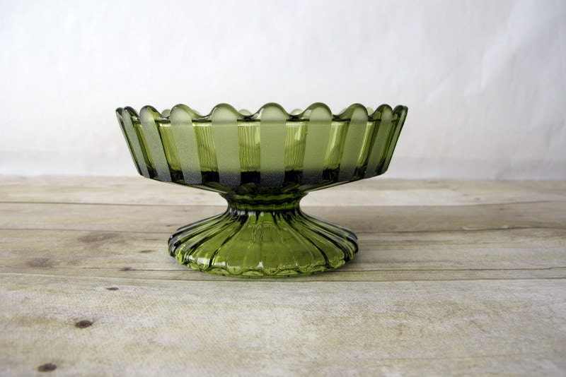 HFM by Fostoria Green Glass Pedestal Candy Dish
