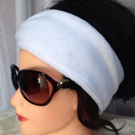 White fleece ear warmer head wrap velcro perfect fit for