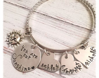 You are my Sunshine - Mother's bracelet - Hand stamped jewelry - You are my Sunshine jewelry - Bracelet with children's names - Sun jewelry