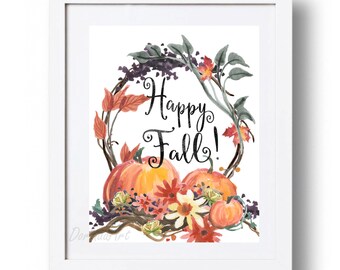 Happy Fall sign Printable Large Autumn Print Watercolor pumpkin Wreath art Floral Autumn printable Fall decor 5x7 8x10 11x14 16x20 DOWNLOAD