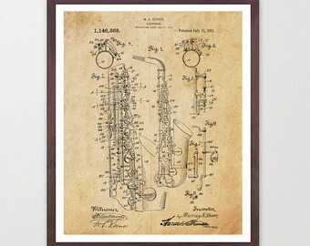 Saxophone Patent - Saxophone - Sax - Sax Patent - Saxophone Art - Marching Band - Musical Instrument - Music Wall Art - Saxophone Picture