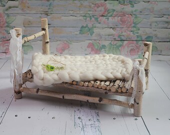 Wooden bed, Newborn Prop, photography prop, Natural wood bed photography prop with bark edge