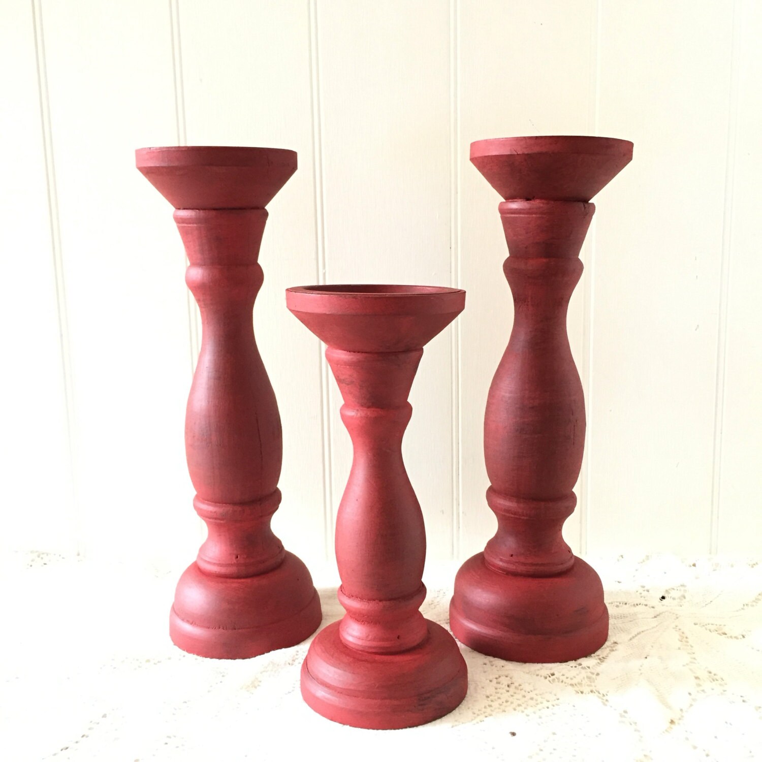 Rustic Red Wood Candle Holders Christmas Holiday Painted