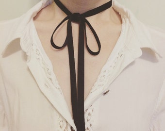 Black Velvet Lace Long Ribbon Bow Choker Necklace, long tail ribbon