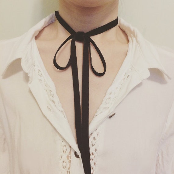 Black Velvet Lace Long Ribbon Bow Choker Necklace long tail