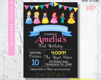 Disney Princess Invitation. Disney Princesses Birthday Invitation.Chalkboard Disney Princess Invitation. Blackboard Disney Princess Invites