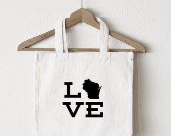 Love Wisconsin tote bag/custom tote/market bag/canvas shopping bag/ state tote/ market tote/ reuseable bag/ WI state bag/ gold glitter