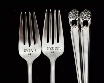 Stamped Fork, Bride Groom Wedding Engagement Gift, Something Old Vintage Dessert Salad Forks, Eternally Yours Hand Stamped Flatware