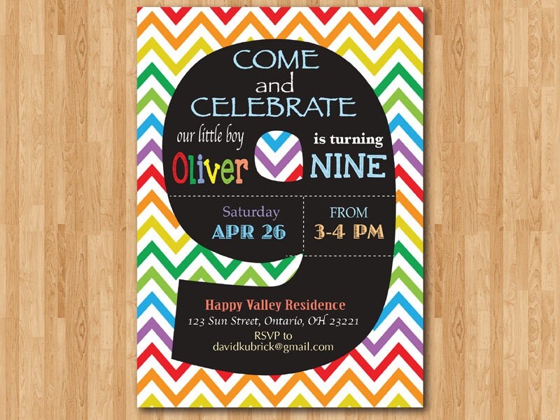 Rainbow 9th Birthday Invitation Colorful Chevron Birthday