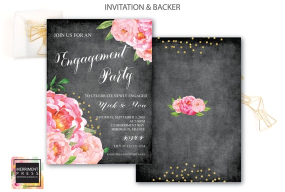 Engagement party Invitation // Chalkboard // Peonies // Peony// Bridal Invite // Pink // Gold Glitter // BORDEAUX COLLECTION Il_570xn
