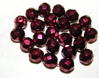 8 mm Ruby Red - Metallic Satin - Czech Glass Faceted Fire Polished Round Beads - 20 beads