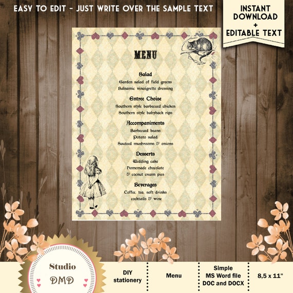 Printable Menu Card Template Alice in Wonderland Wedding