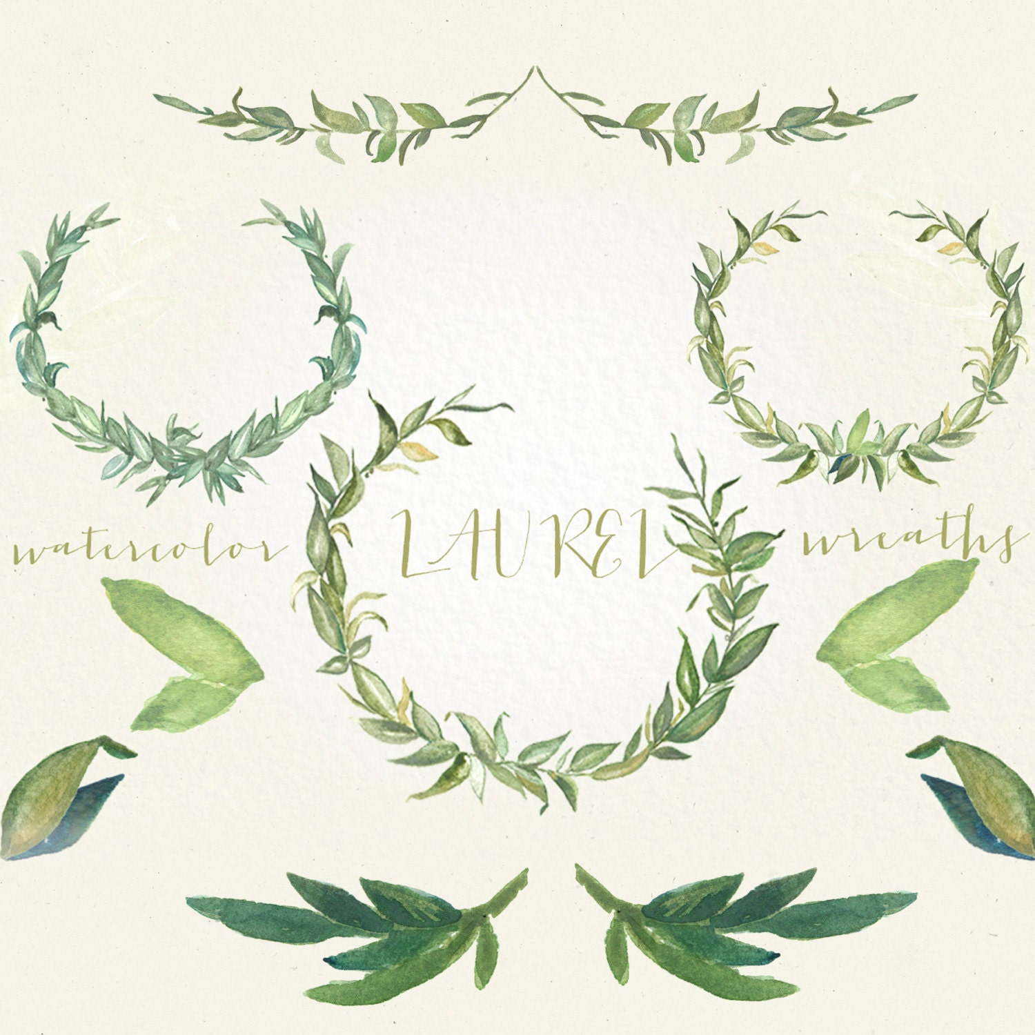 Laurel Wreaths And Foliages Watercolor Clip Art Hand Drawn