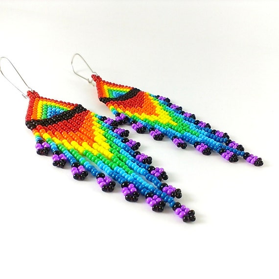 Rainbow earrings Long fringe earrings Long beaded earrings