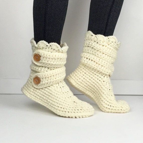 Items similar to Women's Crochet Cream Slipper Boots, Crochet Slippers ...