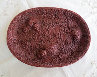 Vintage Chinese Tray Red Grapes Vines - Museum Reproduction Dish Plate - Cinnabar Lacquer Resin