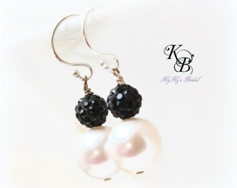 Black Earrings, Bridal Earrings, Black Crystal Earrings, Pearl Earrings, Sterling Silver Earrings, Black Earrings, Black and White Earrings